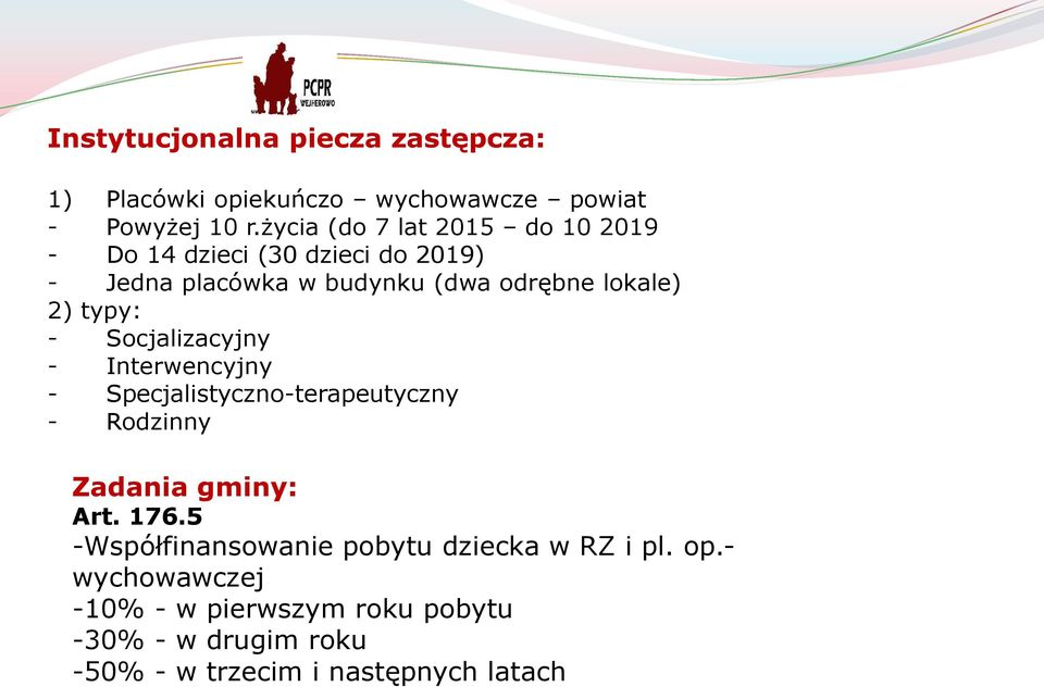 2) typy: - Socjalizacyjny - Interwencyjny - Specjalistyczno-terapeutyczny - Rodzinny Zadania gminy: Art. 176.