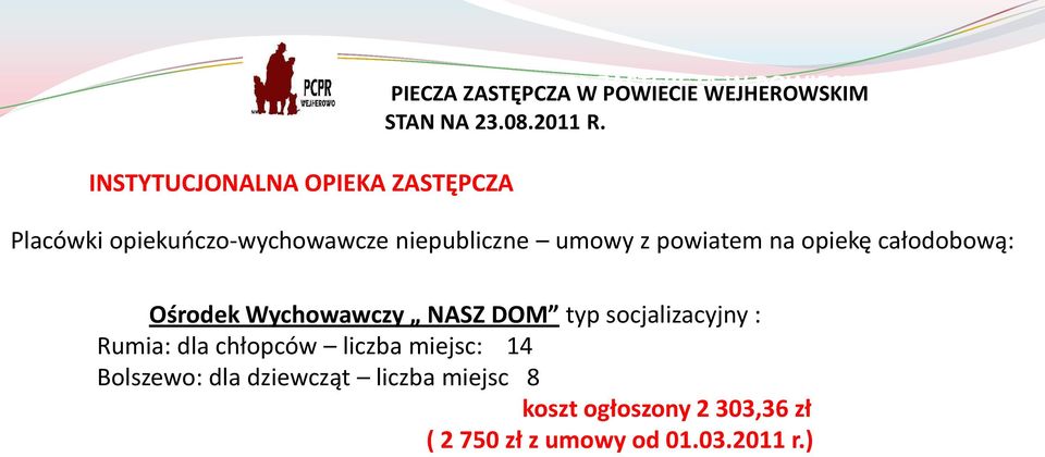 niepubliczne umowy z powiatem na opiekę całodobową: Ośrodek Wychowawczy NASZ DOM typ socjalizacyjny : Rumia: