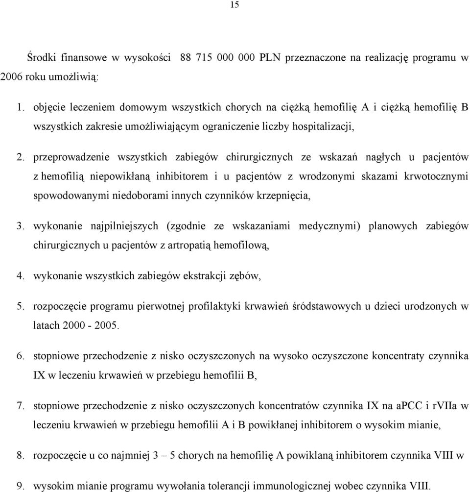 przeprowadzenie wszystkich zabiegów chirurgicznych ze wskazań nagłych u pacjentów z hemofilią niepowikłaną inhibitorem i u pacjentów z wrodzonymi skazami krwotocznymi spowodowanymi niedoborami innych