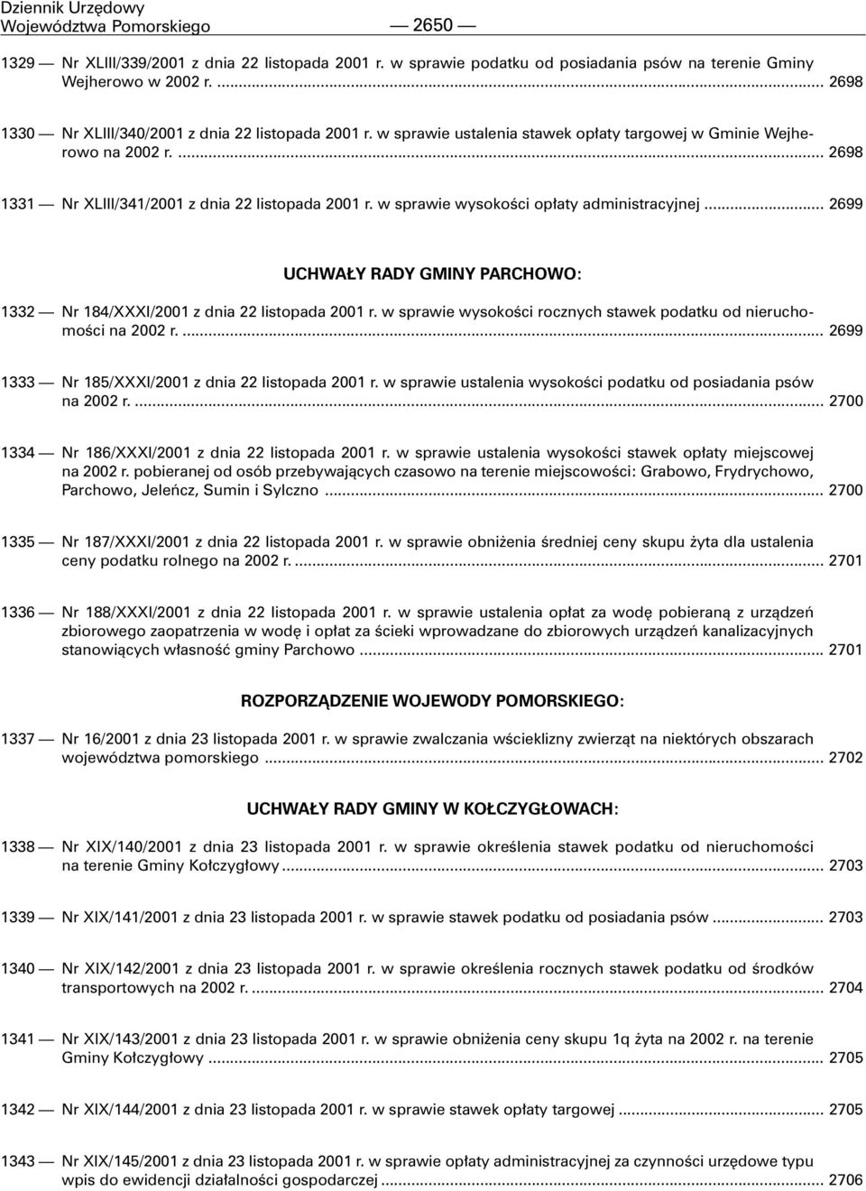 w sprawie wysokoœci op³aty administracyjnej... 2699 UCHWA Y RADY GMINY PARCHOWO: 1332 Nr 184/XXXI/2001 z dnia 22 listopada 2001 r.