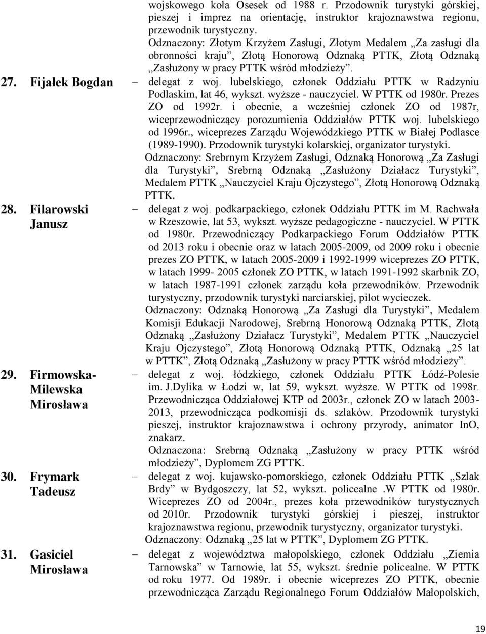 lubelskiego, członek Oddziału PTTK w Radzyniu Podlaskim, lat 46, wykszt. wyższe - nauczyciel. W PTTK od 1980r. Prezes ZO od 1992r.