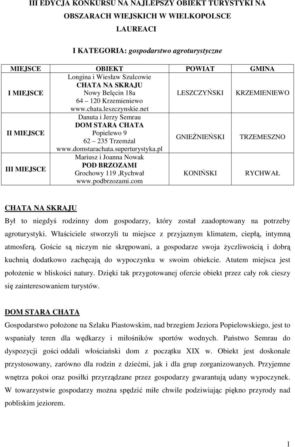 net Danuta i Jerzy Semrau DOM STARA CHATA II MIEJSCE Popielewo 9 62 235 TrzemŜal GNIEŹNIEŃSKI TRZEMESZNO www.domstarachata.superturystyka.