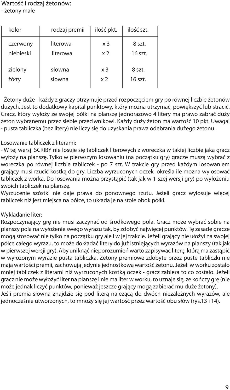 Gracz, który wyłoży ze swojej półki na planszę jednorazowo 4 litery ma prawo zabrać duży żeton wybranemu przez siebie przeciwnikowi. Każdy duży żeton ma wartość 0 pkt. Uwaga!