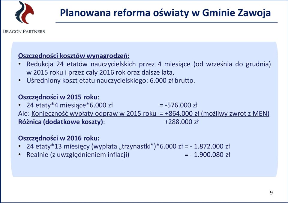 Oszczędności w 2015 roku: 24 etaty*4 miesiące*6.000 zł = -576.000 zł Ale: Konieczność wypłaty odpraw w 2015 roku = +864.