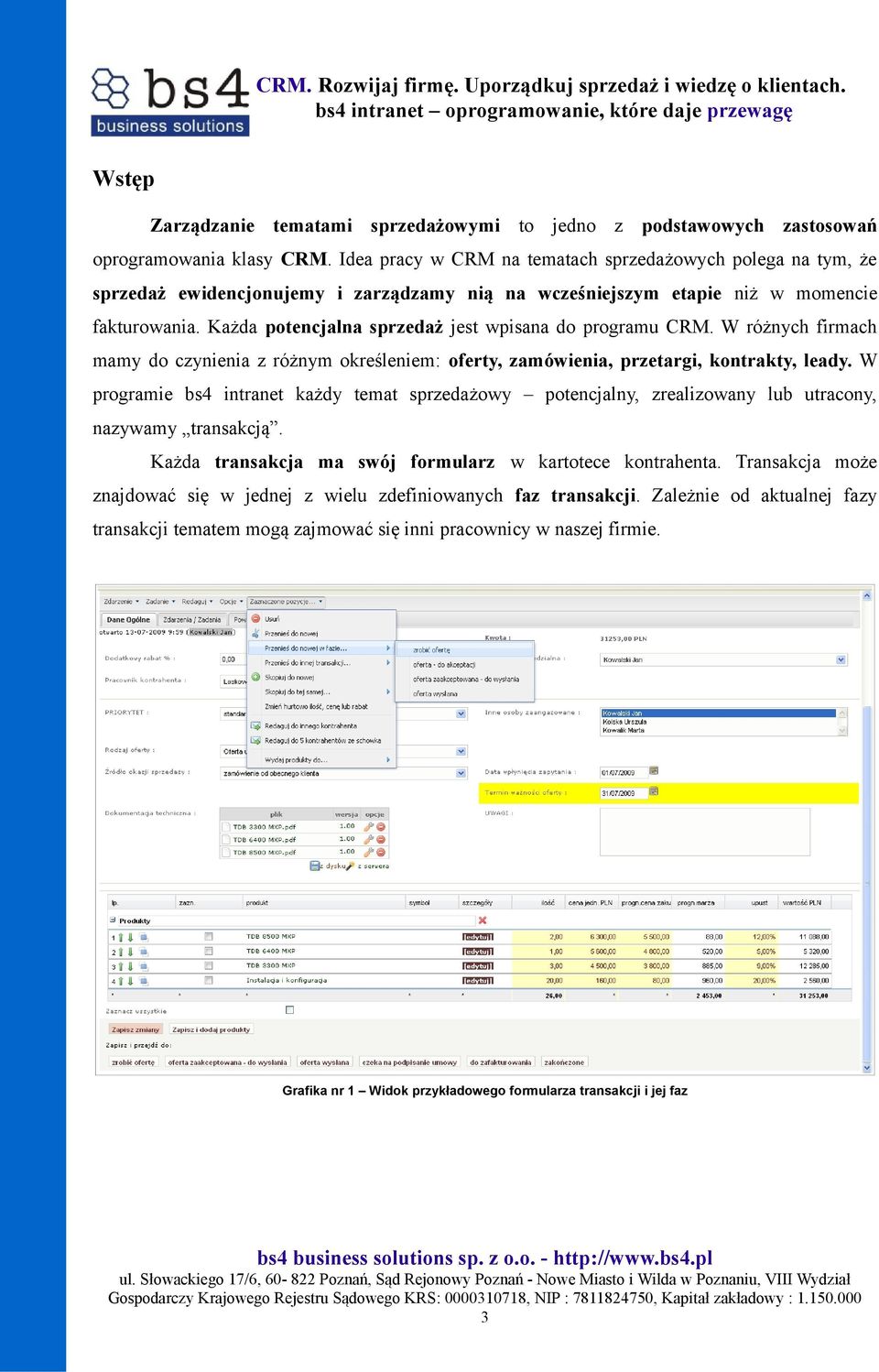 Każda potencjalna sprzedaż jest wpisana do programu CRM. W różnych firmach mamy do czynienia z różnym określeniem: oferty, zamówienia, przetargi, kontrakty, leady.