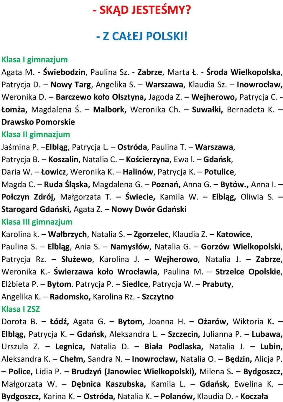 Elbląg, Patrycja L. Ostróda, Paulina T. Warszawa, Patrycja B. Koszalin, Natalia C. Kościerzyna, Ewa l. Gdańsk, Daria W. Łowicz, Weronika K. Halinów, Patrycja K. Potulice, Magda C.