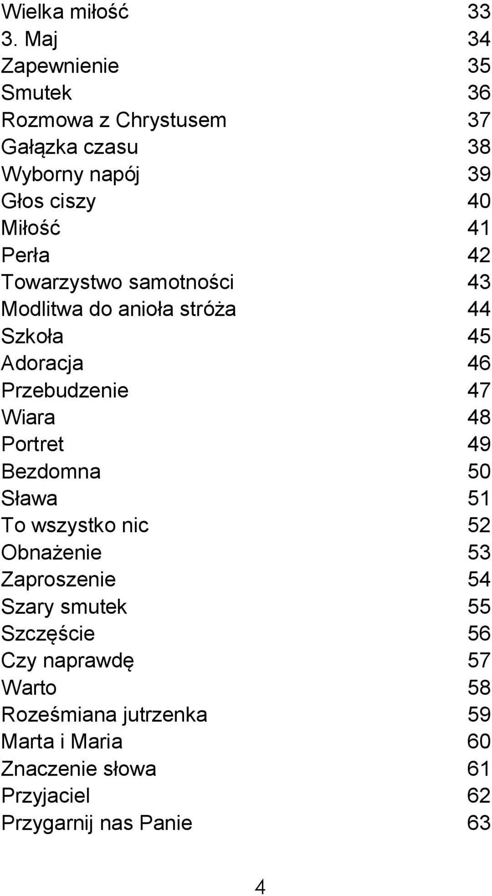 42 Towarzystwo samotności 43 Modlitwa do anioła stróża 44 Szkoła 45 Adoracja 46 Przebudzenie 47 Wiara 48 Portret 49