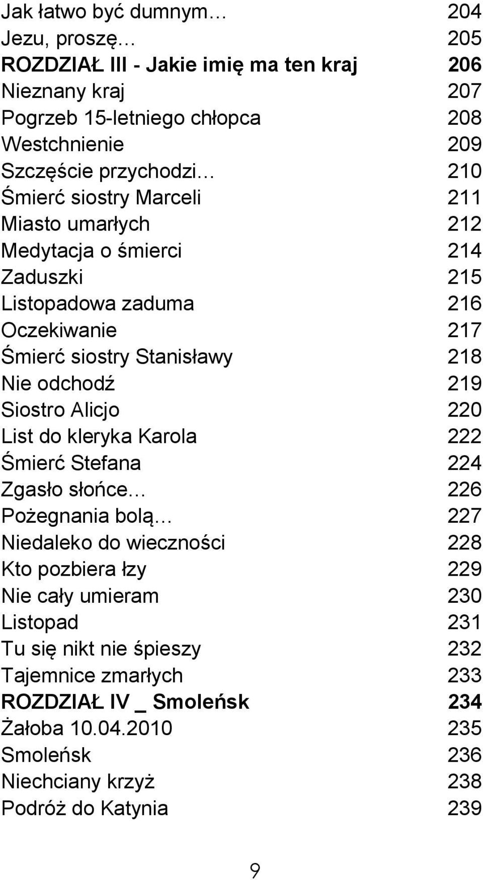 219 Siostro Alicjo 220 List do kleryka Karola 222 Śmierć Stefana 224 Zgasło słońce 226 Pożegnania bolą 227 Niedaleko do wieczności 228 Kto pozbiera łzy 229 Nie cały