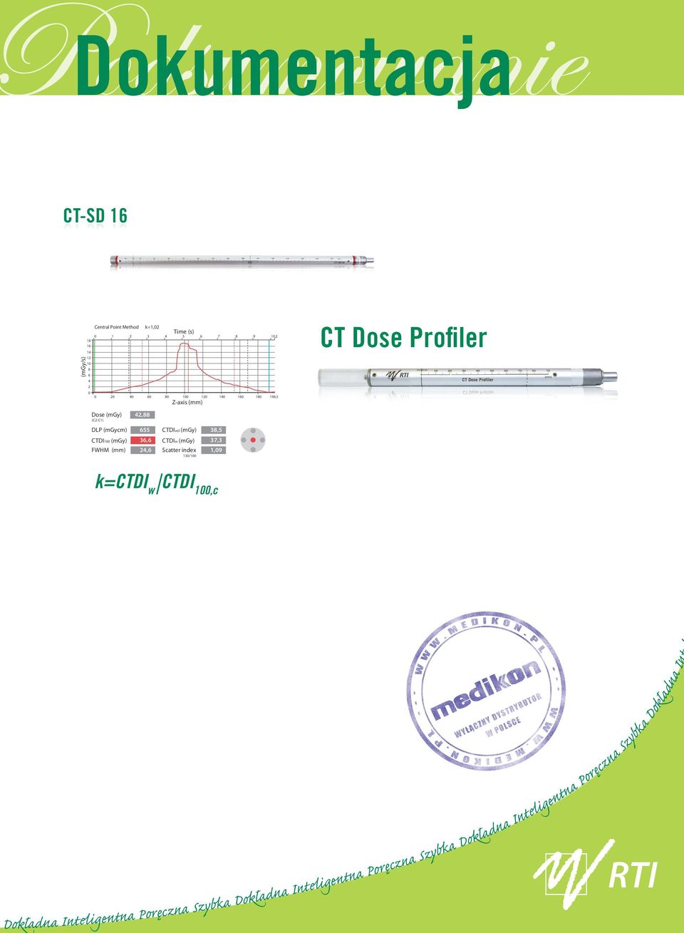 38,5 CTDI100 (mgy) 36,6 CTDIw (mgy) 37,3 FWHM (mm) 24,6 Scatter index 1,09 130/100 CT Dose Profiler k=ctdi w CTDI 100,c