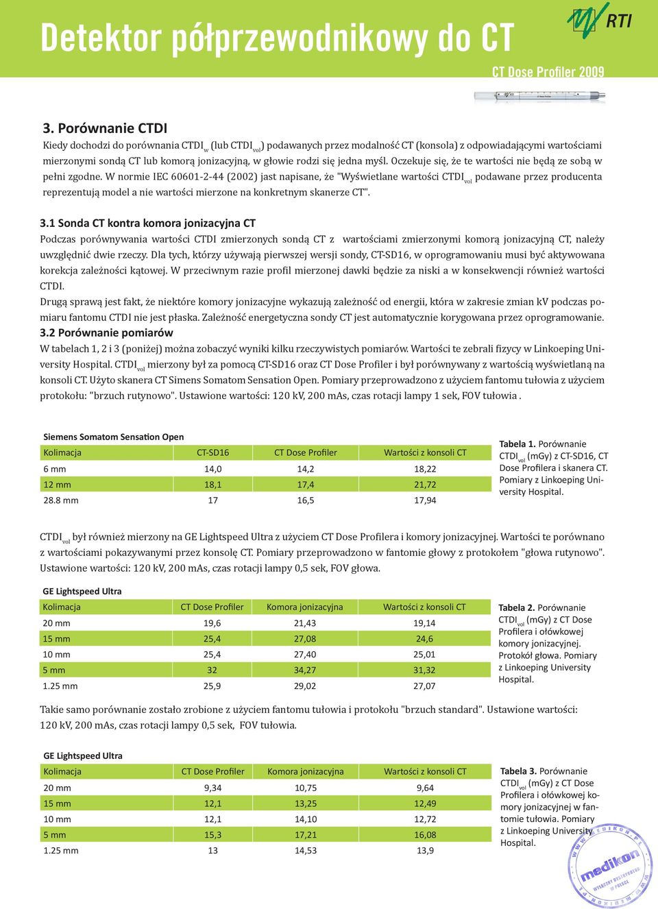 W normie IEC 60601-2-44 (2002) jast napisane, że "Wyświetlane wartości CTDI vol podawane przez producenta reprezentują model a nie wartości mierzone na konkretnym skanerze CT". 3.