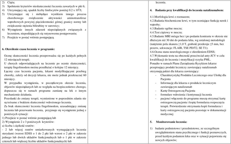 stężenia bilirubiny w surowicy; 6) Wystąpienie innych zdarzeń niepożądanych związanych z leczeniem, niepoddających się rutynowemu postępowaniu; 7) Przejście w postać wtórnie postępującą. 6. Określenie czasu leczenia w programie: Ocenę skuteczności leczenia przeprowadza się po każdych pełnych 12 miesiącach terapii.