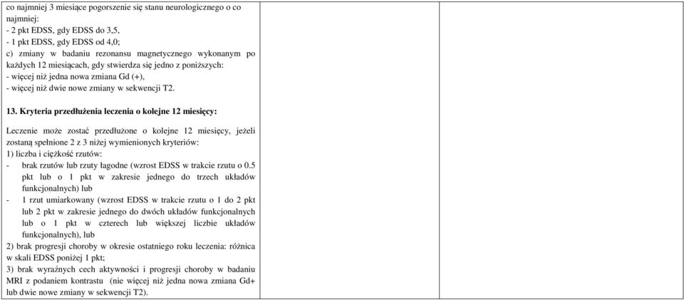 Kryteria przedłużenia leczenia o kolejne 12 miesięcy: Leczenie może zostać przedłużone o kolejne 12 miesięcy, jeżeli zostaną spełnione 2 z 3 niżej wymienionych kryteriów: 1) liczba i ciężkość rzutów: