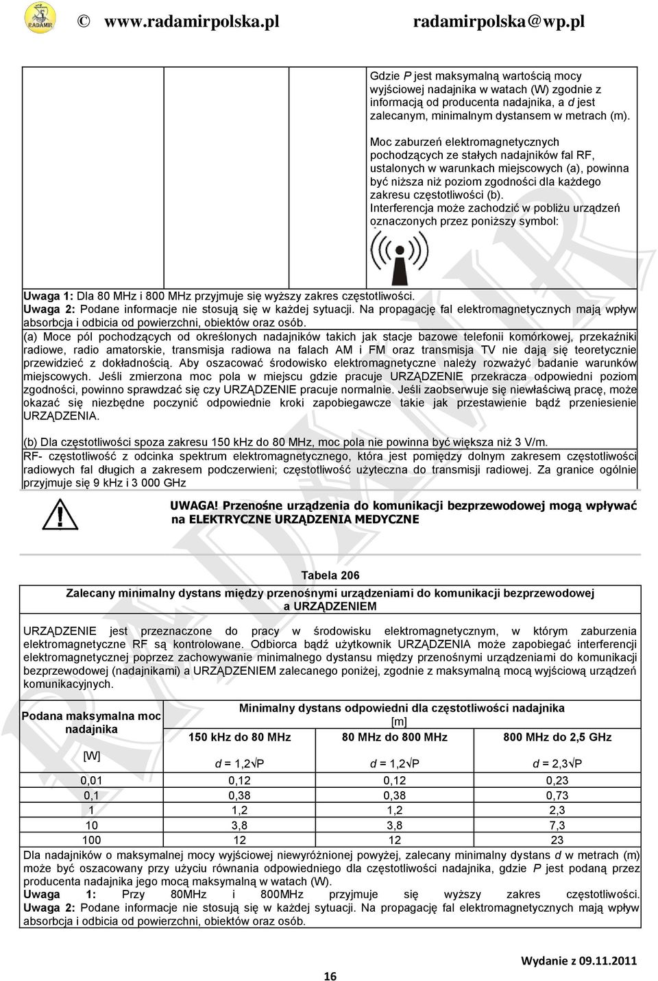 Interferencja może zachodzić w pobliżu urządzeń oznaczonych przez poniższy symbol: Uwaga 1: Dla 80 MHz i 800 MHz przyjmuje się wyższy zakres częstotliwości.