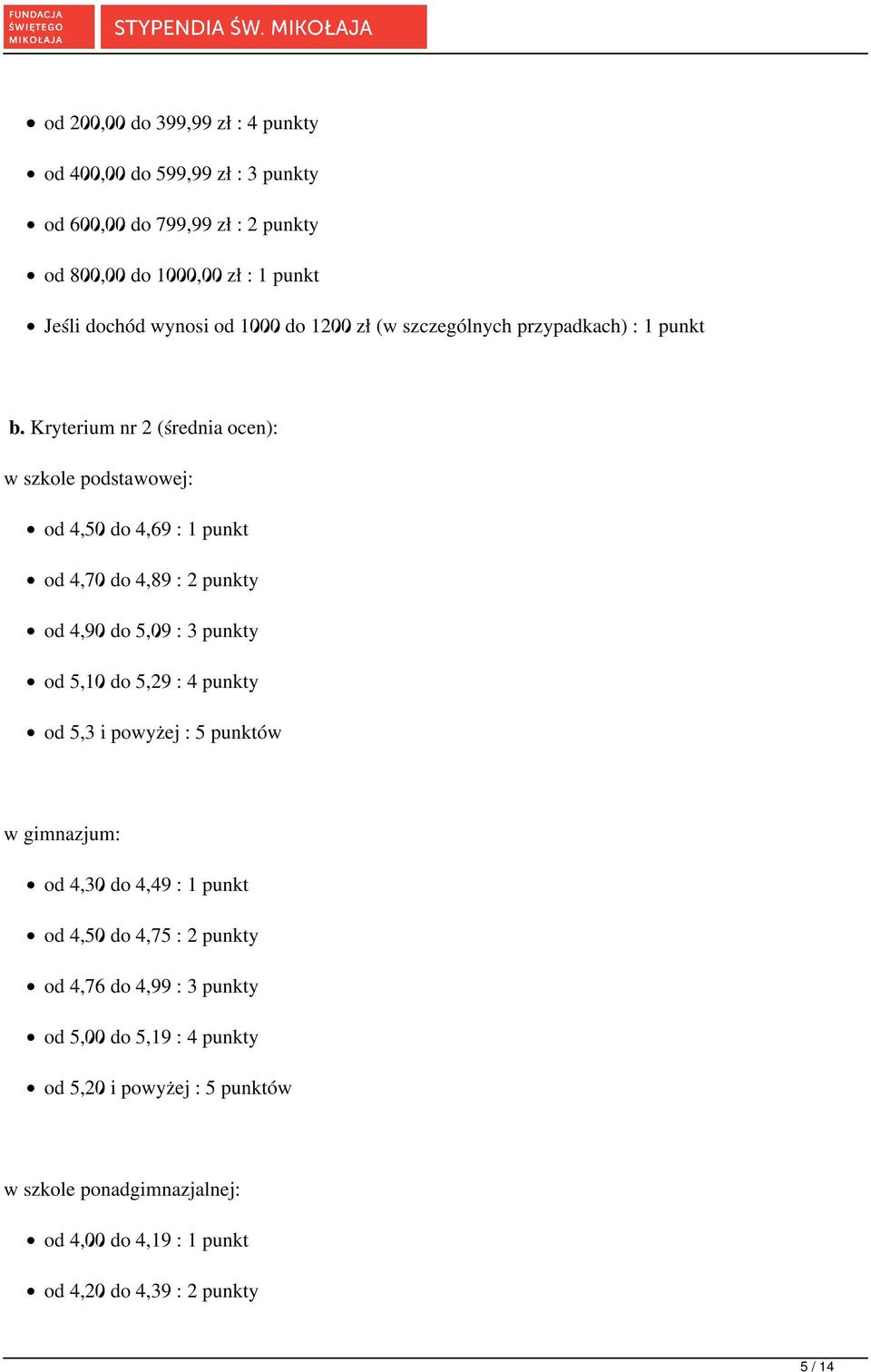 Kryterium nr 2 (średnia ocen): w szkole podstawowej: od 4,50 do 4,69 : 1 punkt od 4,70 do 4,89 : 2 punkty od 4,90 do 5,09 : 3 punkty od 5,10 do 5,29 : 4 punkty