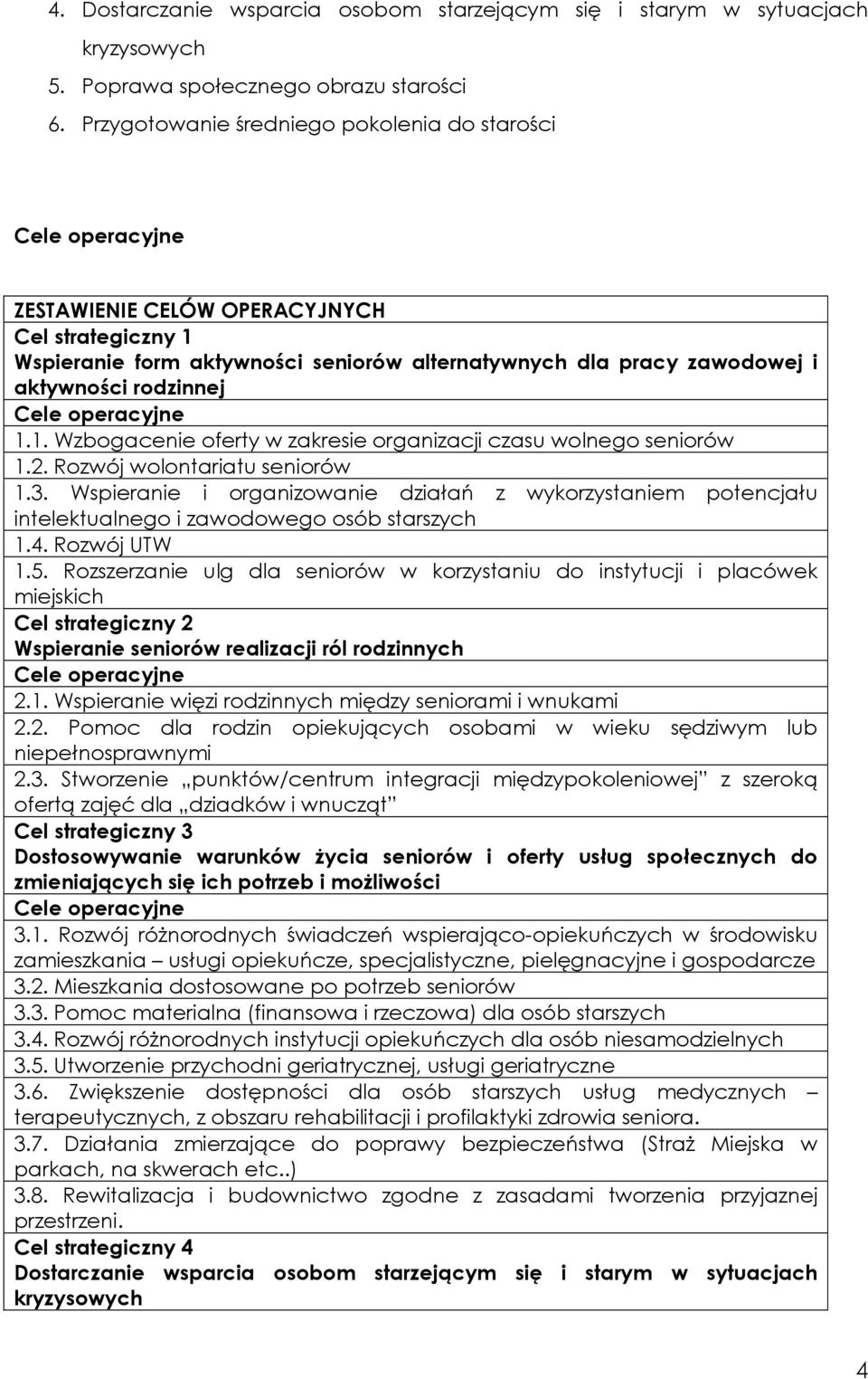 rodzinnej Cele operacyjne 1.1. Wzbogacenie oferty w zakresie organizacji czasu wolnego seniorów 1.2. Rozwój wolontariatu seniorów 1.3.