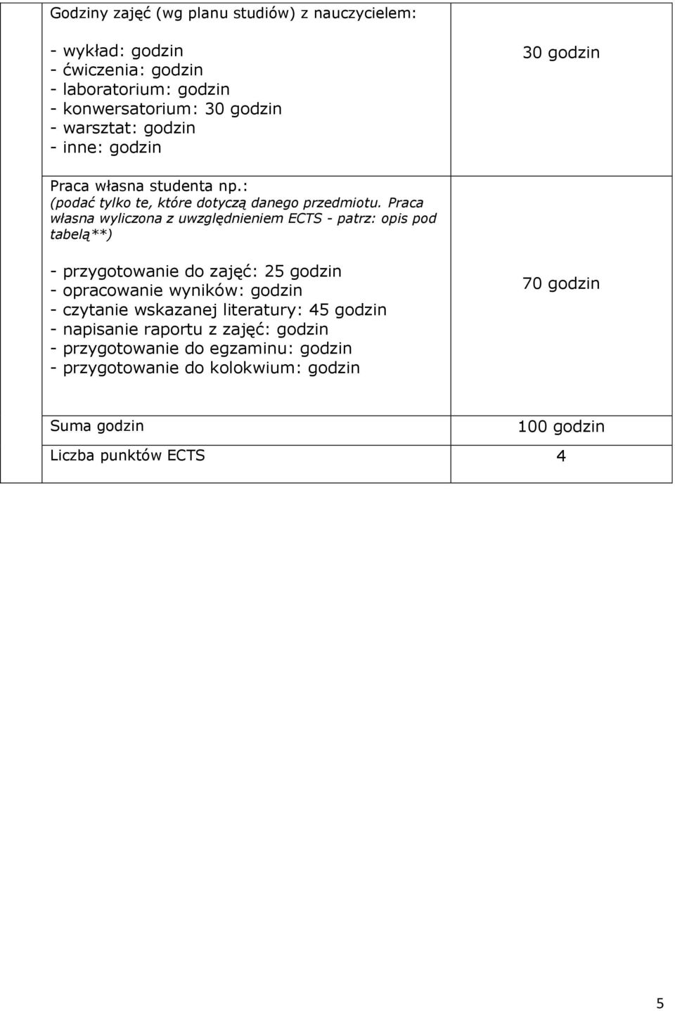 Praca własna wyliczona z uwzględnieniem ECTS - patrz: opis pod tabelą**) - przygotowanie do zajęć: 25 godzin - opracowanie wyników: godzin - czytanie