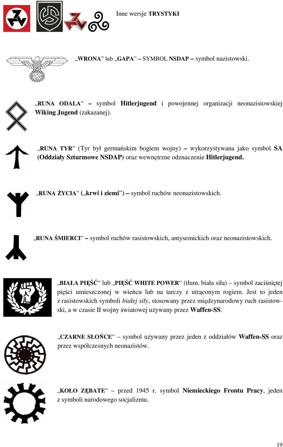 RUNA ŻYCIA ( krwi i ziemi ) symbol ruchów neonazistowskich. RUNA ŚMIERCI symbol ruchów rasistowskich, antysemickich oraz neonazistowskich. BIAŁA PIĘŚĆ lub PIĘŚĆ WHITE POWER (tłum.