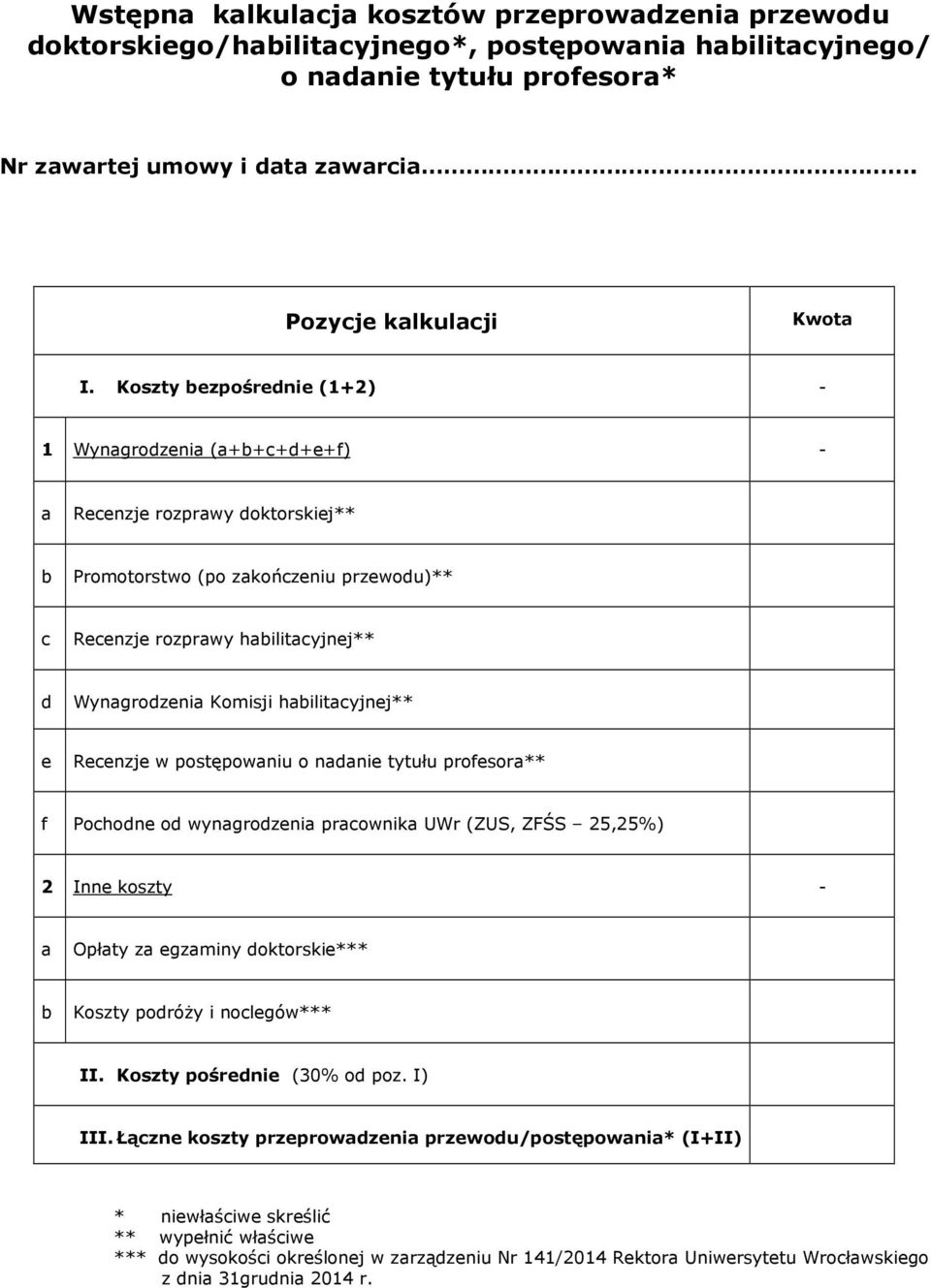 Koszty bezpośrednie (1+2) - 1 Wynagrodzenia (a+b+c+d+e+f) - a Recenzje rozprawy doktorskiej** b Promotorstwo (po zakończeniu przewodu)** c Recenzje rozprawy habilitacyjnej** d Wynagrodzenia Komisji