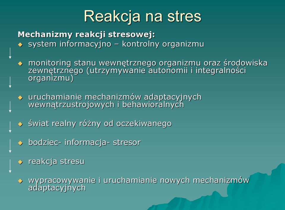 uruchamianie mechanizmów adaptacyjnych wewnątrzustrojowych i behawioralnych świat realny różny od