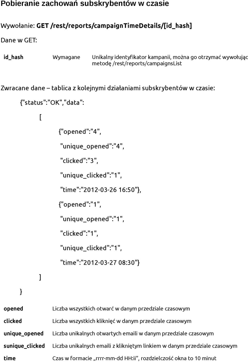 "time":"2012-03-26 16:50"}, {"opened":"1", "unique_opened":"1", "clicked":"1", "unique_clicked":"1", "time":"2012-03-27 08:30"} ] } opened clicked unique_opened sunique_clicked time Liczba wszystkich