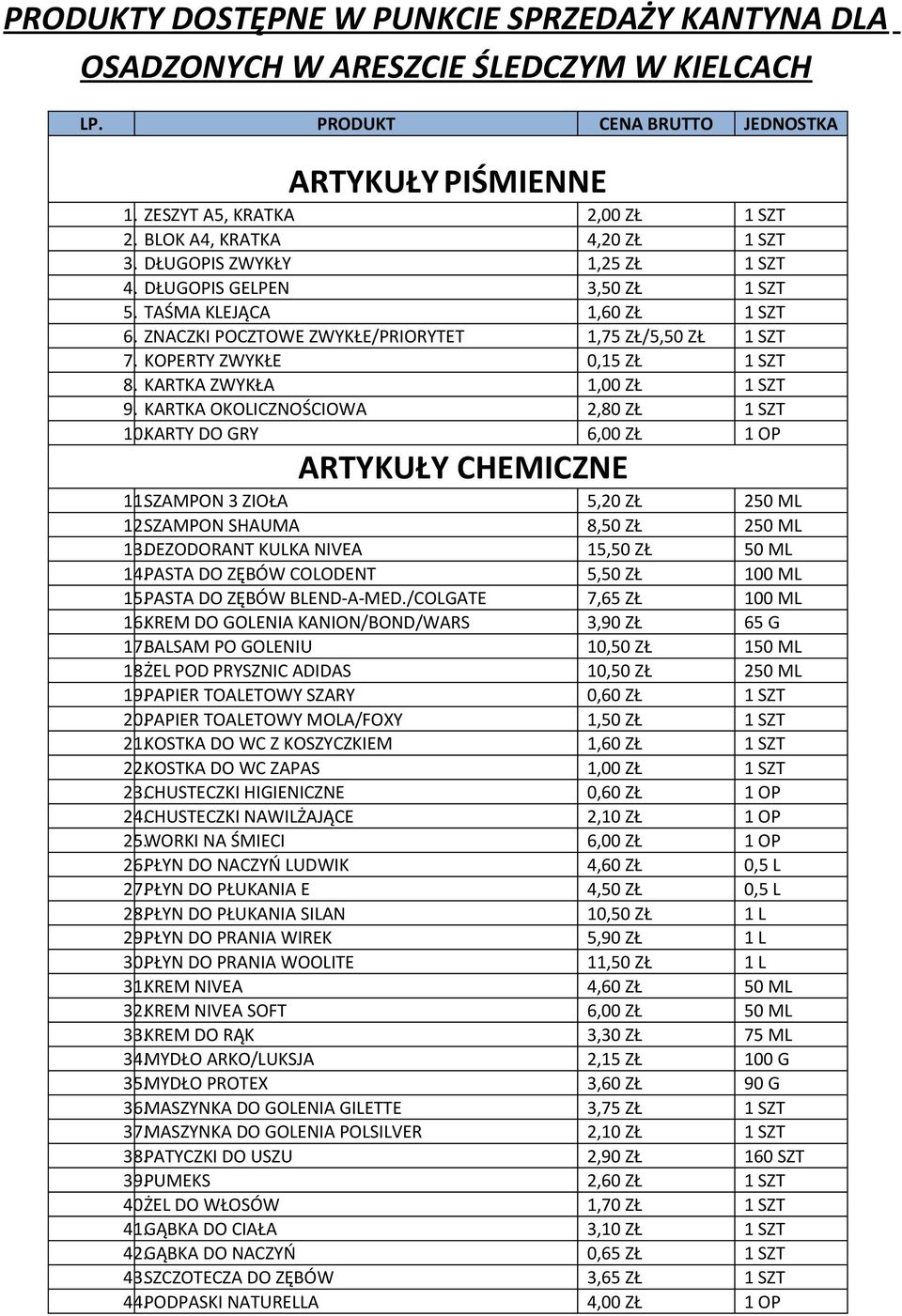 ZNACZKI POCZTOWE ZWYKŁE/PRIORYTET 1,75 ZŁ/5,50 ZŁ 1 SZT KOPERTY ZWYKŁE 0,15 ZŁ 1 SZT KARTKA ZWYKŁA 1,00 ZŁ 1 SZT KARTKA OKOLICZNOŚCIOWA 2,80 ZŁ 1 SZT 1KARTY DO GRY 6,00 ZŁ ARTYKUŁY CHEMICZNE 1SZAMPON