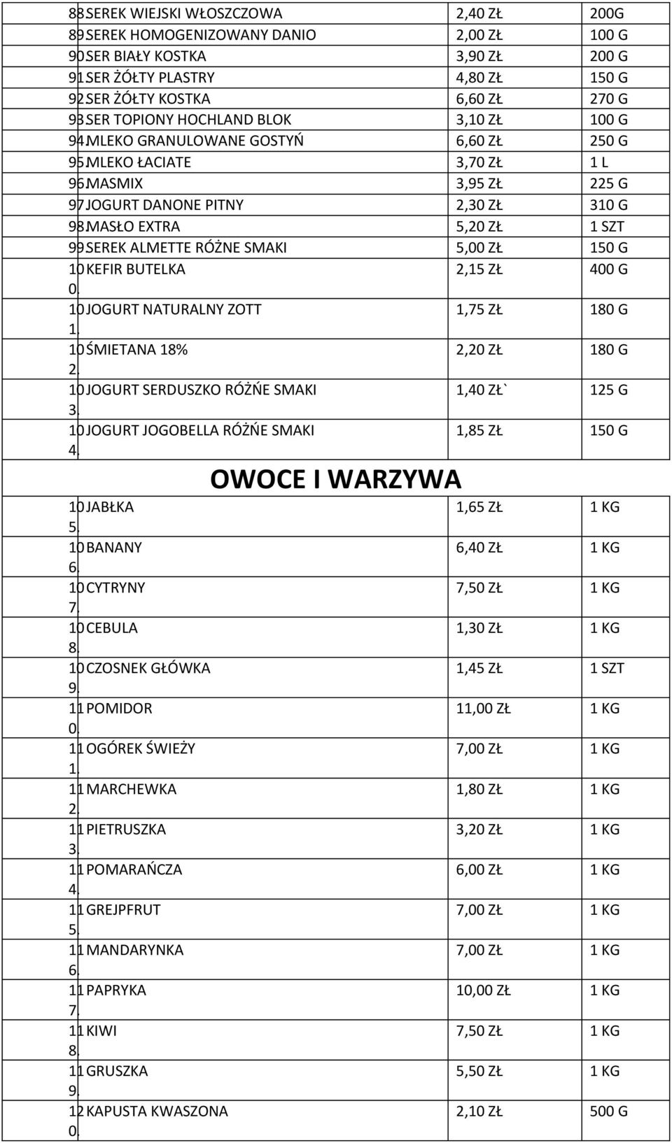 5,00 ZŁ 150 G 10KEFIR BUTELKA 2,15 ZŁ 400 G 10JOGURT NATURALNY ZOTT 1,75 ZŁ 180 G 10ŚMIETANA 18% 2,20 ZŁ 180 G 10JOGURT SERDUSZKO RÓŻŃE SMAKI 1,40 ZŁ` 125 G 10JOGURT JOGOBELLA RÓŻŃE SMAKI 1,85 ZŁ 150