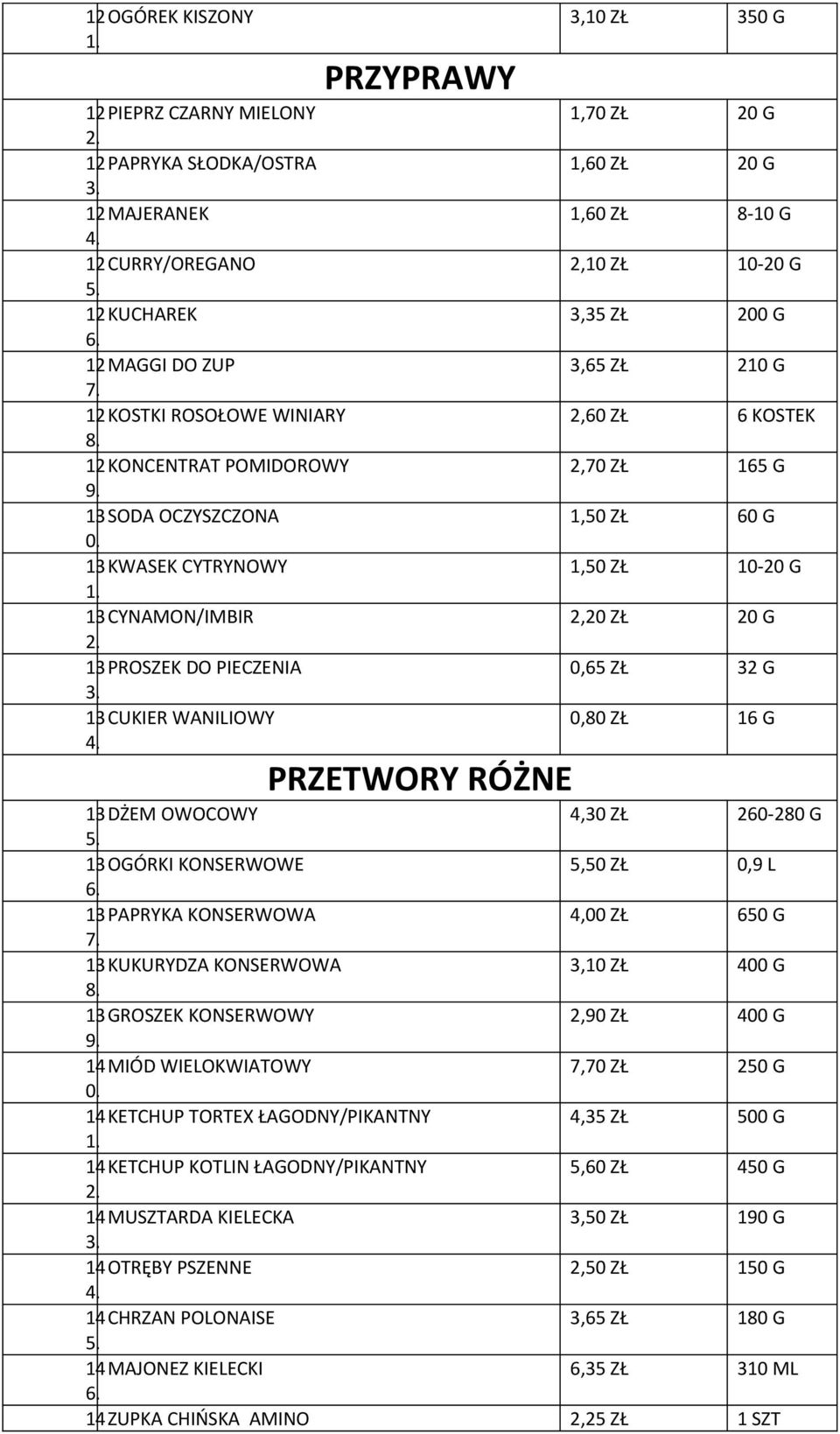 ZŁ 20 G 13PROSZEK DO PIECZENIA 0,65 ZŁ 32 G 13CUKIER WANILIOWY 0,80 ZŁ 16 G PRZETWORY RÓŻNE 13DŻEM OWOCOWY 4,30 ZŁ 260-280 G 13OGÓRKI KONSERWOWE 5,50 ZŁ 0,9 L 13PAPRYKA KONSERWOWA 4,00 ZŁ 650 G