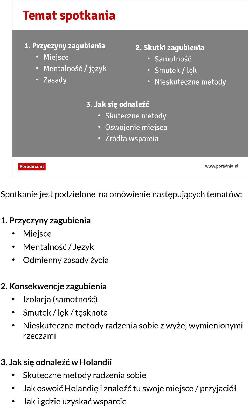 Przyczyny zagubienia Miejsce Mentalność / Język Odmienny zasady życia 2.