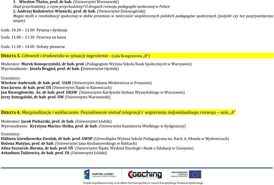 (Uniwersytet Zielonogórski) Magia myśli o rewitalizacji społecznej w dobie przemian w twórczości współczesnych polskich pedagogów społecznych (pożytki czy też pozytywistyczne utopie) Godz. 10.30 11.