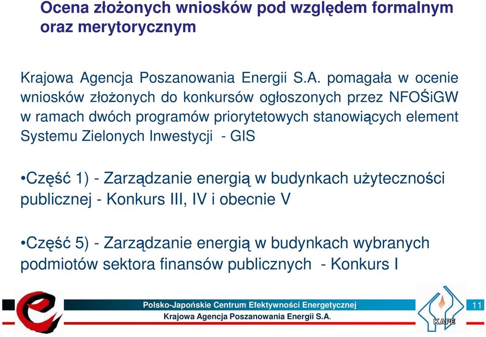 pomagała w ocenie wniosków złoŝonych do konkursów ogłoszonych przez NFOŚiGW w ramach dwóch programów priorytetowych stanowiących element Systemu