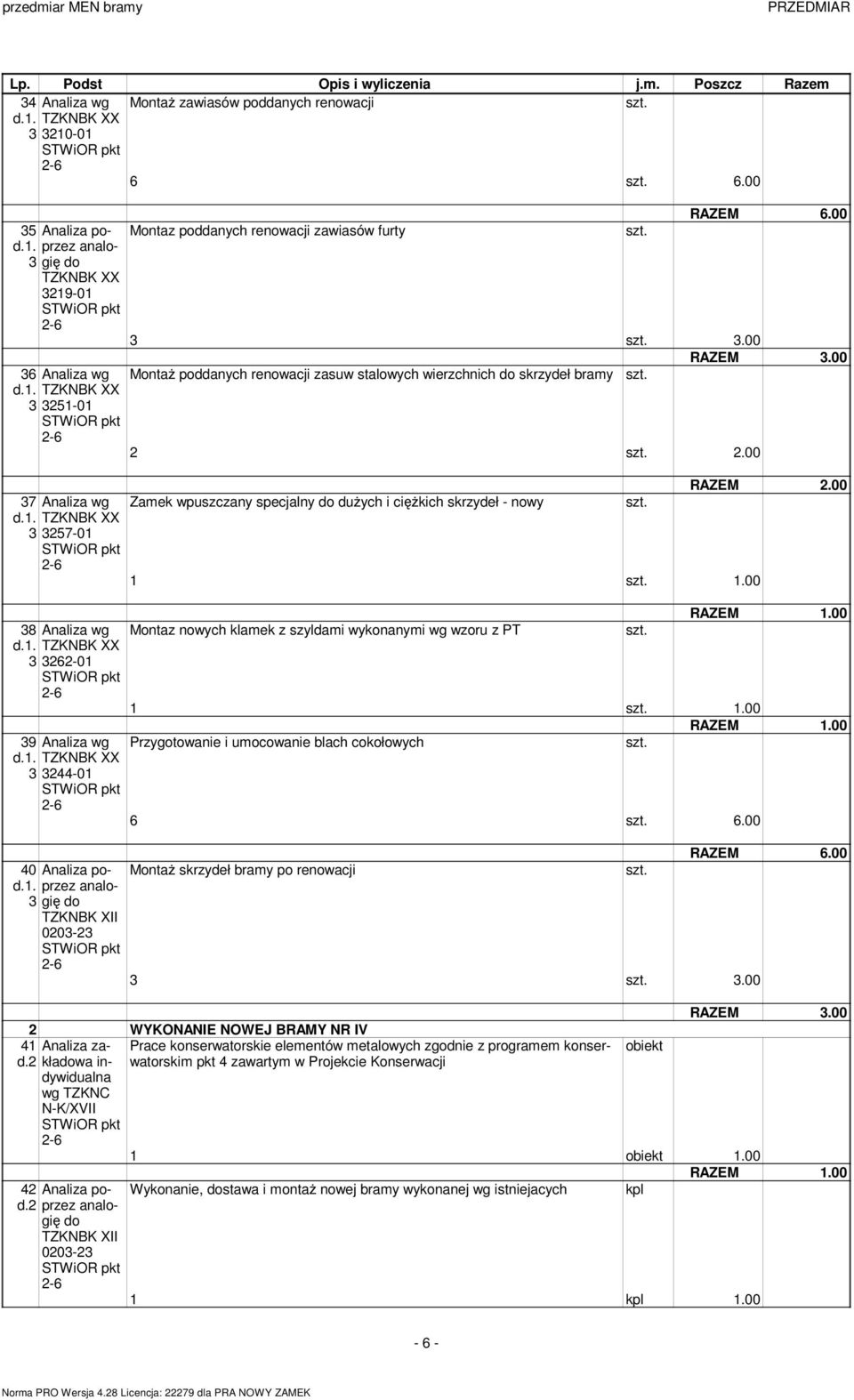 00 Montaz nowych klamek z szyldami wykonanymi wg wzoru z PT.00 Przygotowanie i umocowanie blach cokołowych 6 6.00 MontaŜ skrzydeł bramy po renowacji.