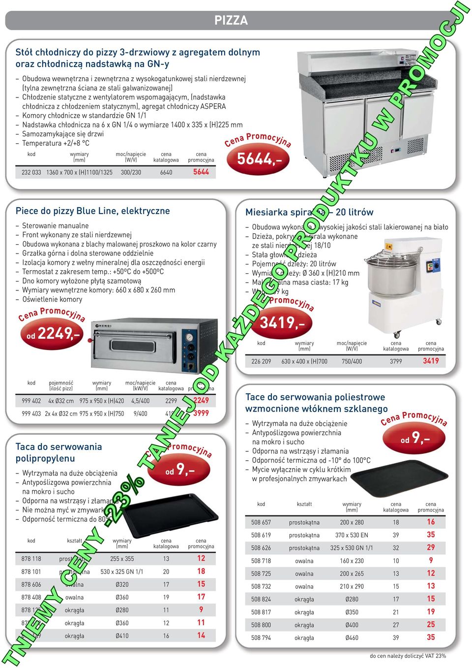 chłodnicza na 6 x GN 1/4 o wymiarze 1400 x 335 x (H)225 mm Samozamykające się drzwi Temperatura +2/+8 C 232 033 1360 x 700 x (H)1100/1325 300/230 6640 5644 Piece do pizzy Blue Line, elektryczne