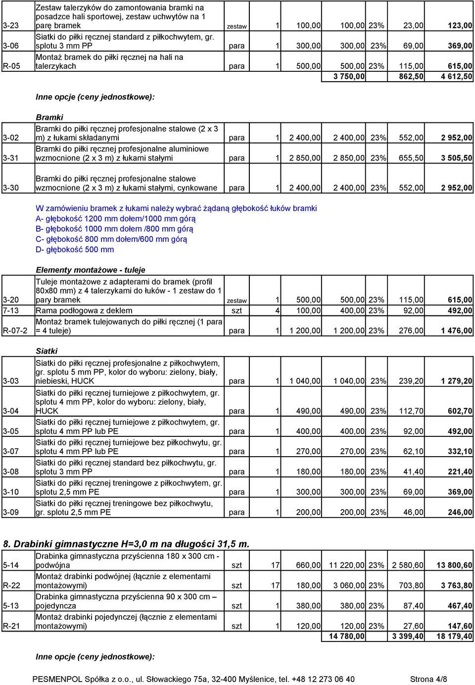 piłki ręcznej profesjonalne stalowe (2 x 3 3-02 m) z łukami składanymi para 1 2 400,00 2 400,00 23% 552,00 2 952,00 Bramki do piłki ręcznej profesjonalne aluminiowe 3-31 wzmocnione (2 x 3 m) z łukami