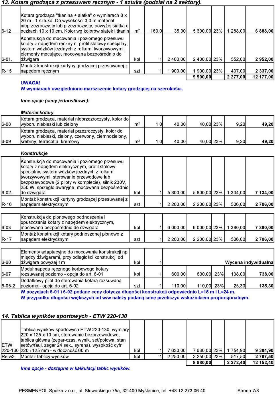 Kolor wg kolorów siatek i tkanin m 2 160,0 35,00 5 600,00 23% 1 288,00 6 888,00 Konstrukcja do mocowania i poziomego przesuwu kotary z napędem ręcznym, profil stalowy specjalny, system wózków