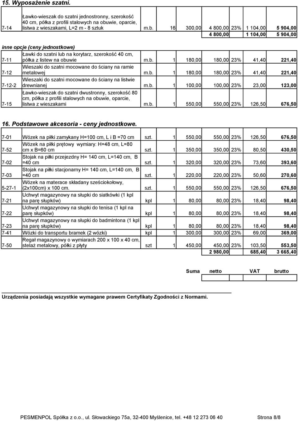 16 300,00 4 800,00 23% 1 104,00 5 904,00 4 800,00 1 104,00 5 904,00 inne opcje (ceny jednostkowe) Ławki do szatni lub 