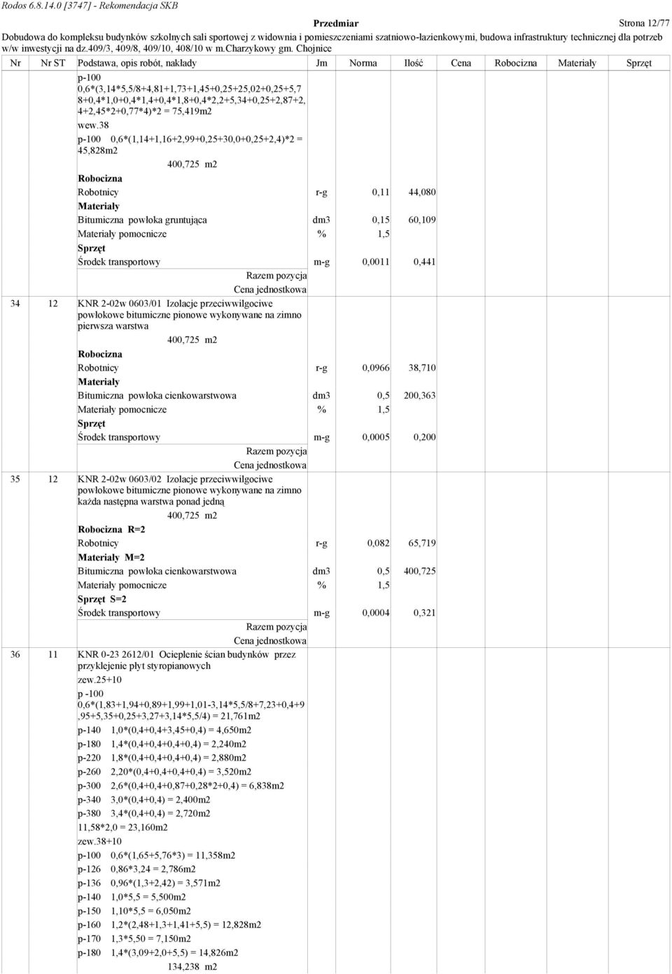 38 p-100 0,6*(1,14+1,16+2,99+0,25+30,0+0,25+2,4)*2 = 45,828m2 400,725 m2 Robotnicy r-g 0,11 44,080 Bitumiczna powłoka gruntująca dm3 0,15 60,109 pomocnicze % 1,5 Środek transportowy m-g 0,0011 0,441