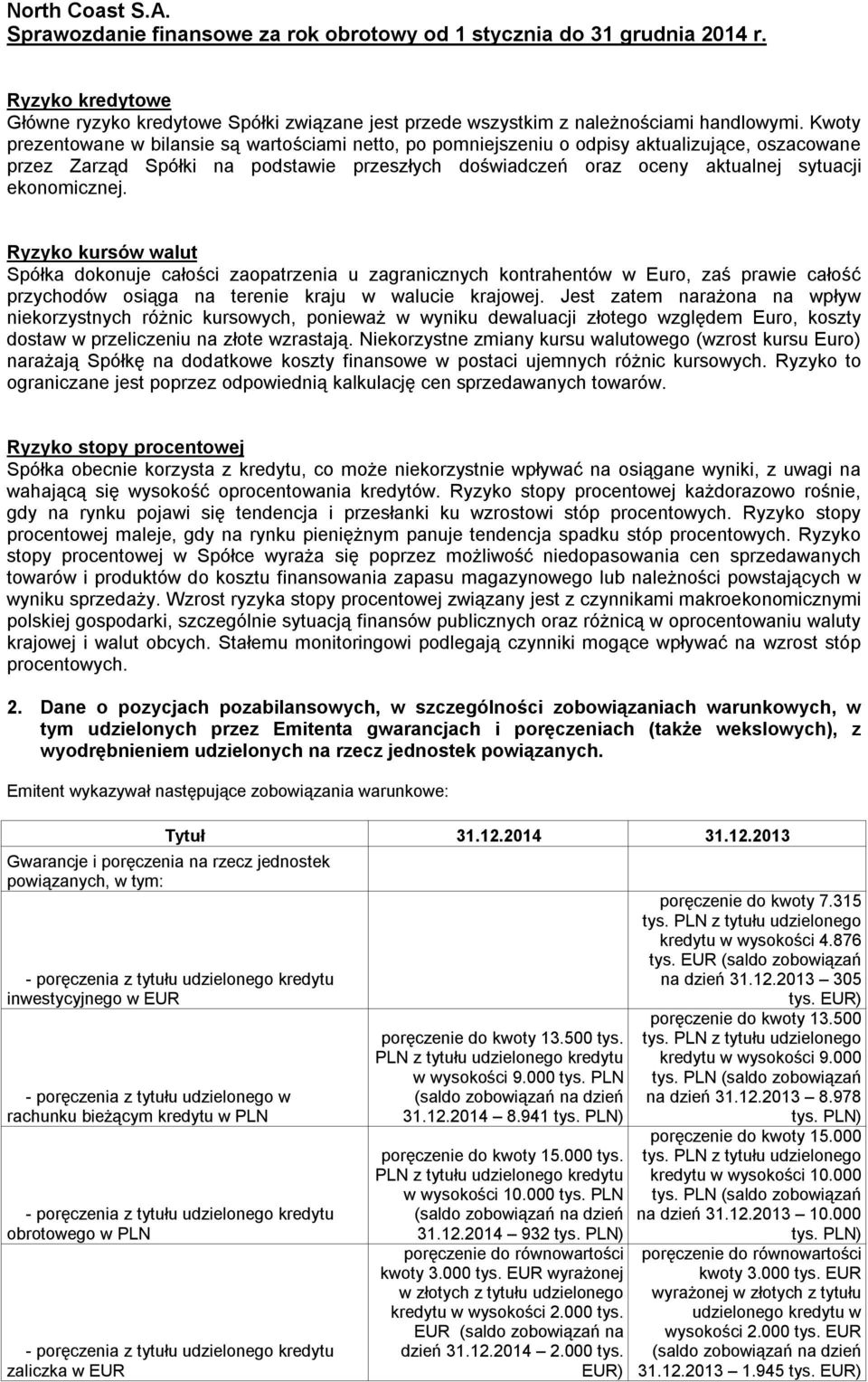 ekonomicznej. Ryzyko kursów walut Spółka dokonuje całości zaopatrzenia u zagranicznych kontrahentów w Euro, zaś prawie całość przychodów osiąga na terenie kraju w walucie krajowej.