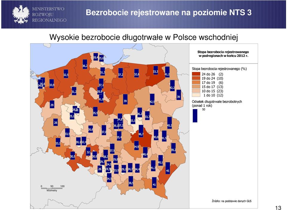 40,4 33,3 40,8 41,3 40,1 41,2 41,5 45,2 45 42,2 39,2 39 Stopa bezrobocia rejestrowanego w podregionach w końcu 2012 r.