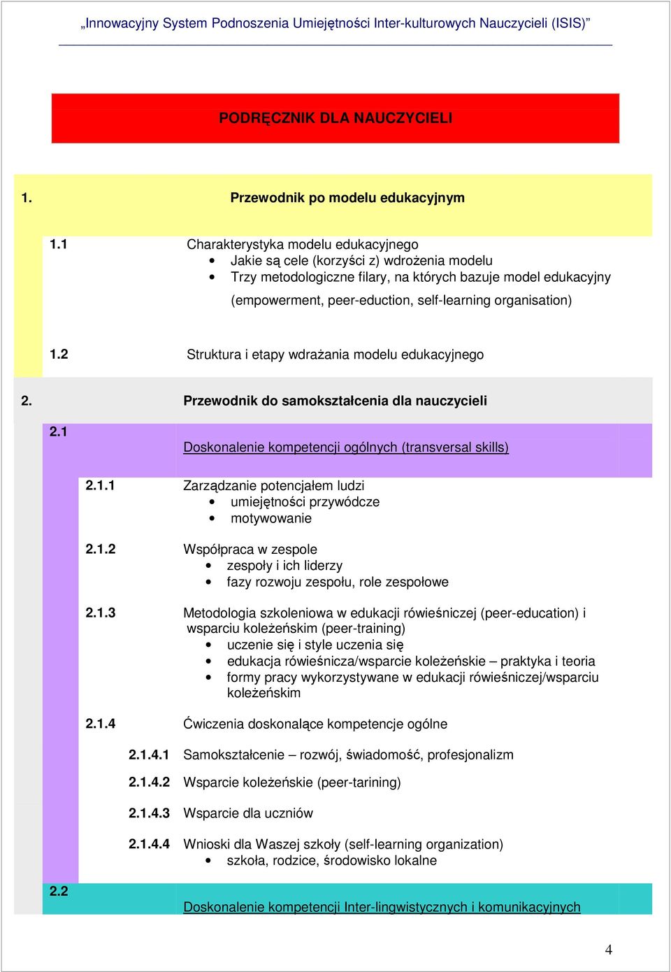 organisation) 1.2 Struktura i etapy wdraŝania modelu edukacyjnego 2. Przewodnik do samokształcenia dla nauczycieli 2.1 Doskonalenie kompetencji ogólnych (transversal skills) 2.1.1 Zarządzanie potencjałem ludzi umiejętności przywódcze motywowanie 2.