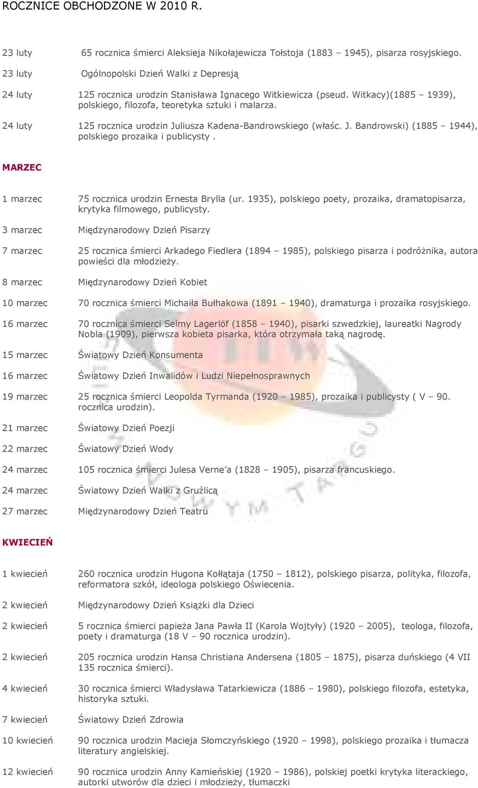 24 luty 125 rocznica urodzin Juliusza Kadena-Bandrowskiego (właśc. J. Bandrowski) (1885 1944), polskiego prozaika i publicysty. MARZEC 1 marzec 75 rocznica urodzin Ernesta Brylla (ur.