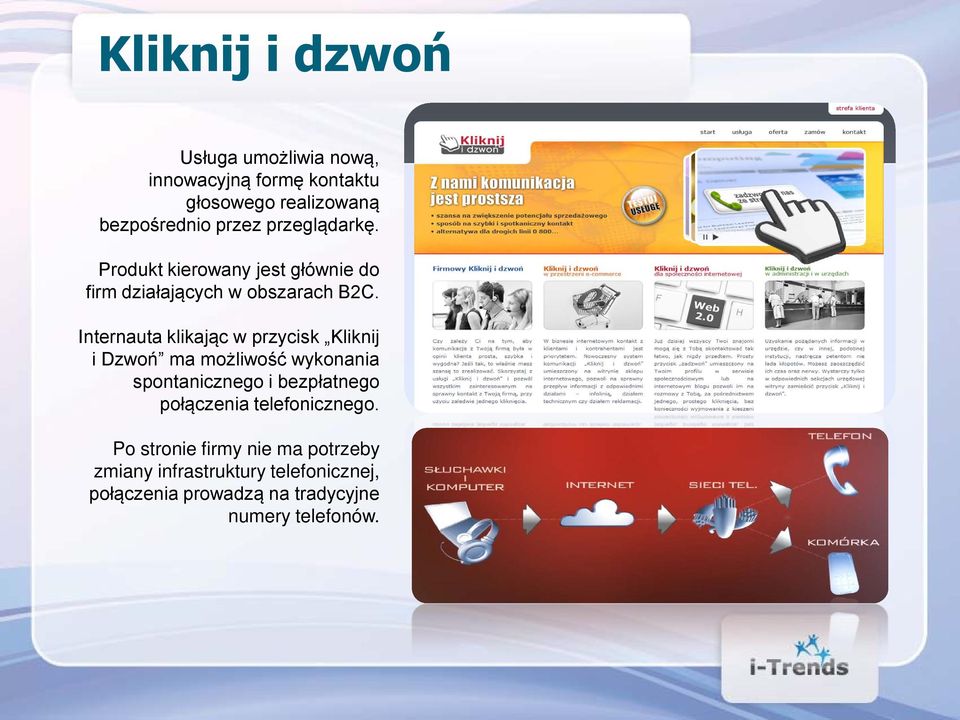 Internauta klikając w przycisk Kliknij i Dzwoń ma możliwość wykonania spontanicznego i bezpłatnego połączenia