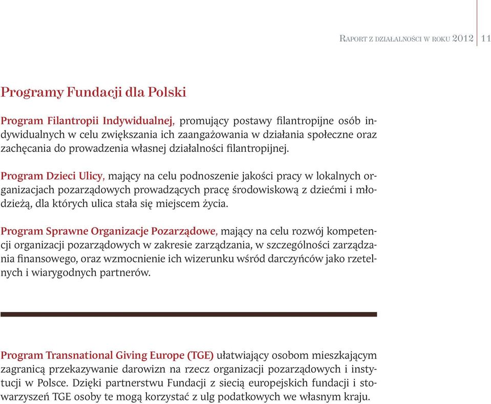 Program Dzieci Ulicy, mający na celu podnoszenie jakości pracy w lokalnych organizacjach pozarządowych prowadzących pracę środowiskową z dziećmi i młodzieżą, dla których ulica stała się miejscem