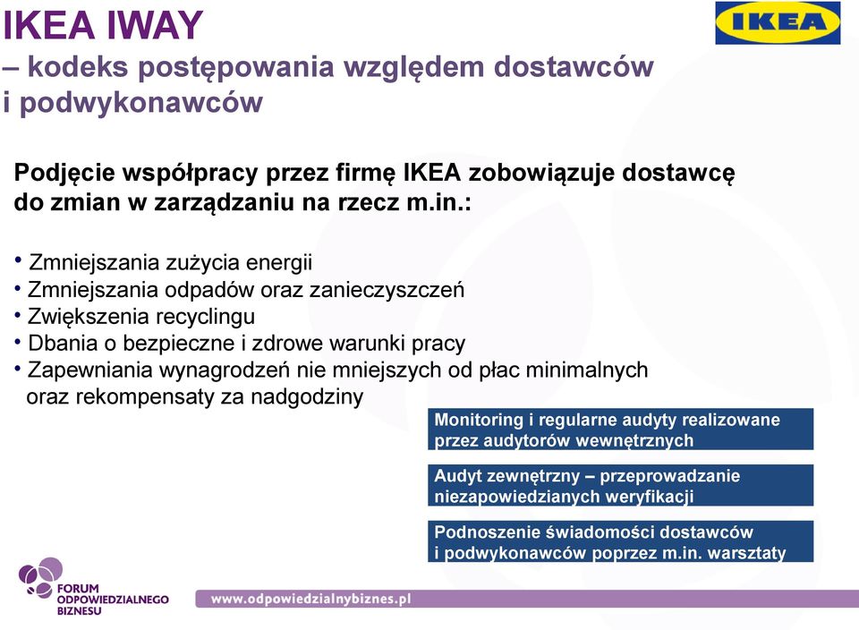 : Zmniejszania zużycia energii Zmniejszania odpadów oraz zanieczyszczeń Zwiększenia recyclingu Dbania o bezpieczne i zdrowe warunki pracy Zapewniania