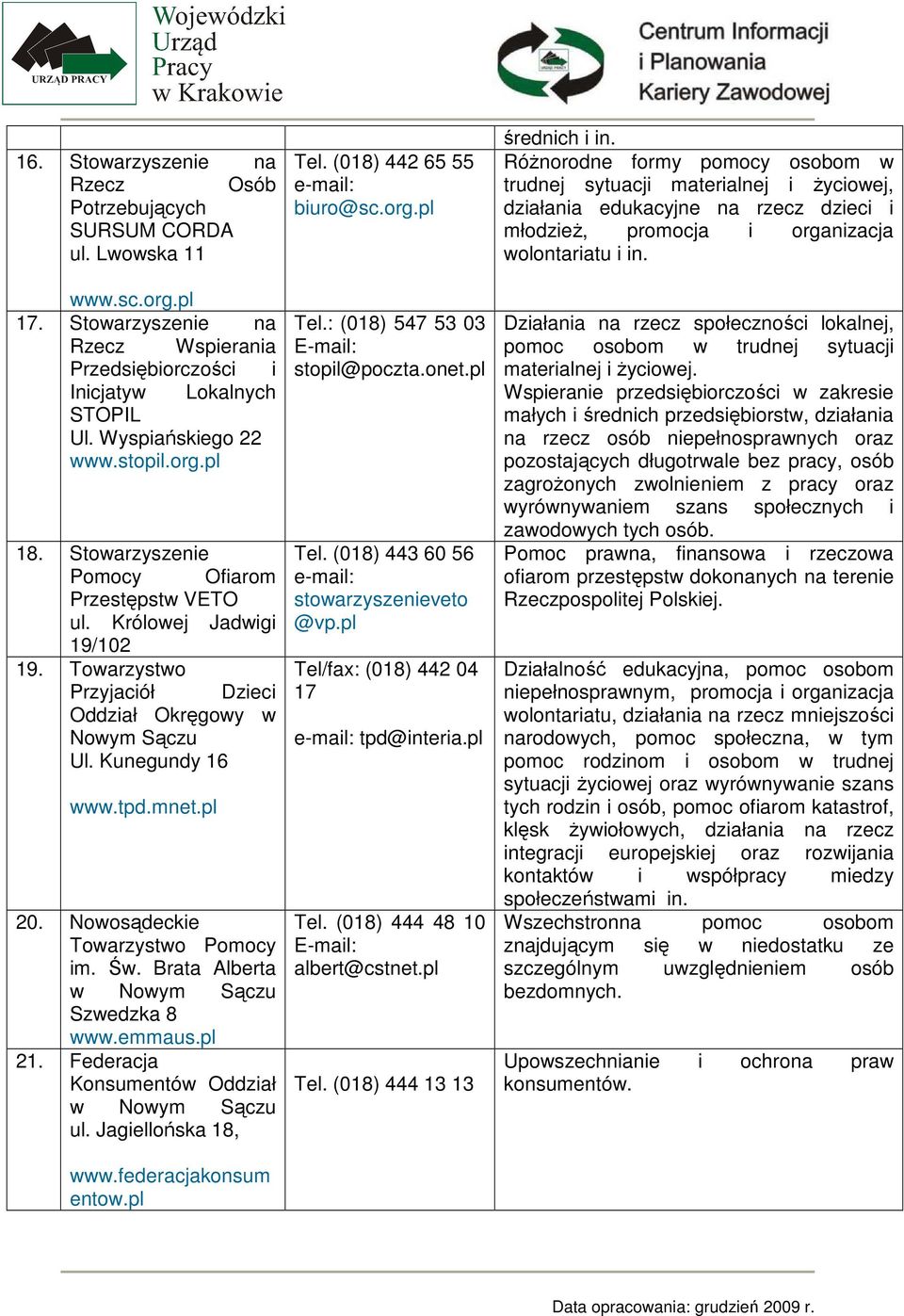 Nowosądeckie Towarzystwo Pomocy im. Św. Brata Alberta w Nowym Sączu Szwedzka 8 www.emmaus. 21. Federacja Konsumentów Oddział w Nowym Sączu ul. Jagiellońska 18, www.federacjakonsum entow. Tel.