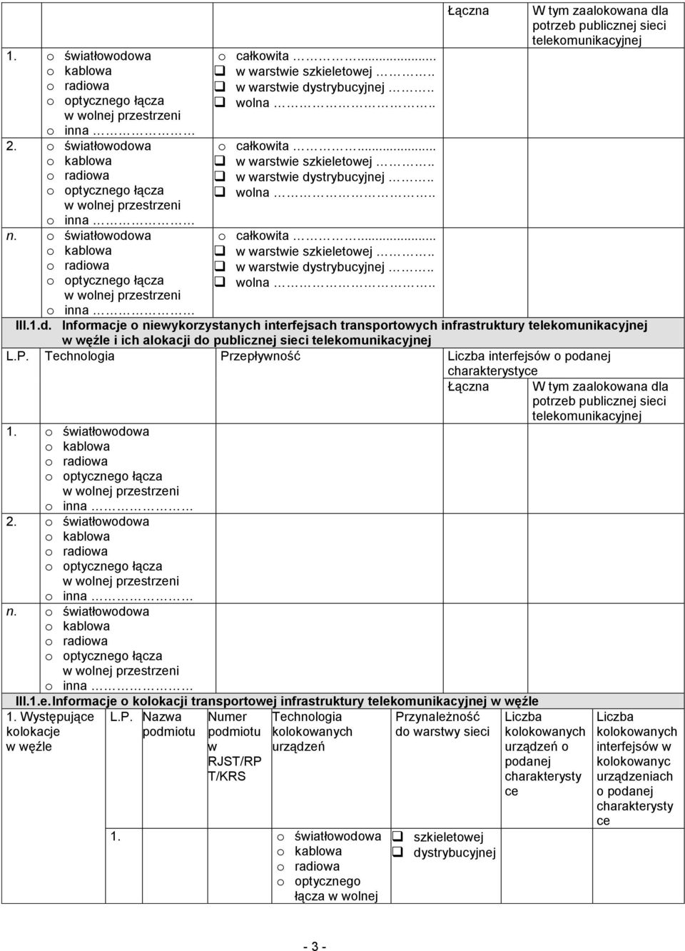 o światłowodowa n. o światłowodowa III.1.e. Informacje o kolokacji transportowej w węźle 1. Występujące kolokacje w węźle L.P.