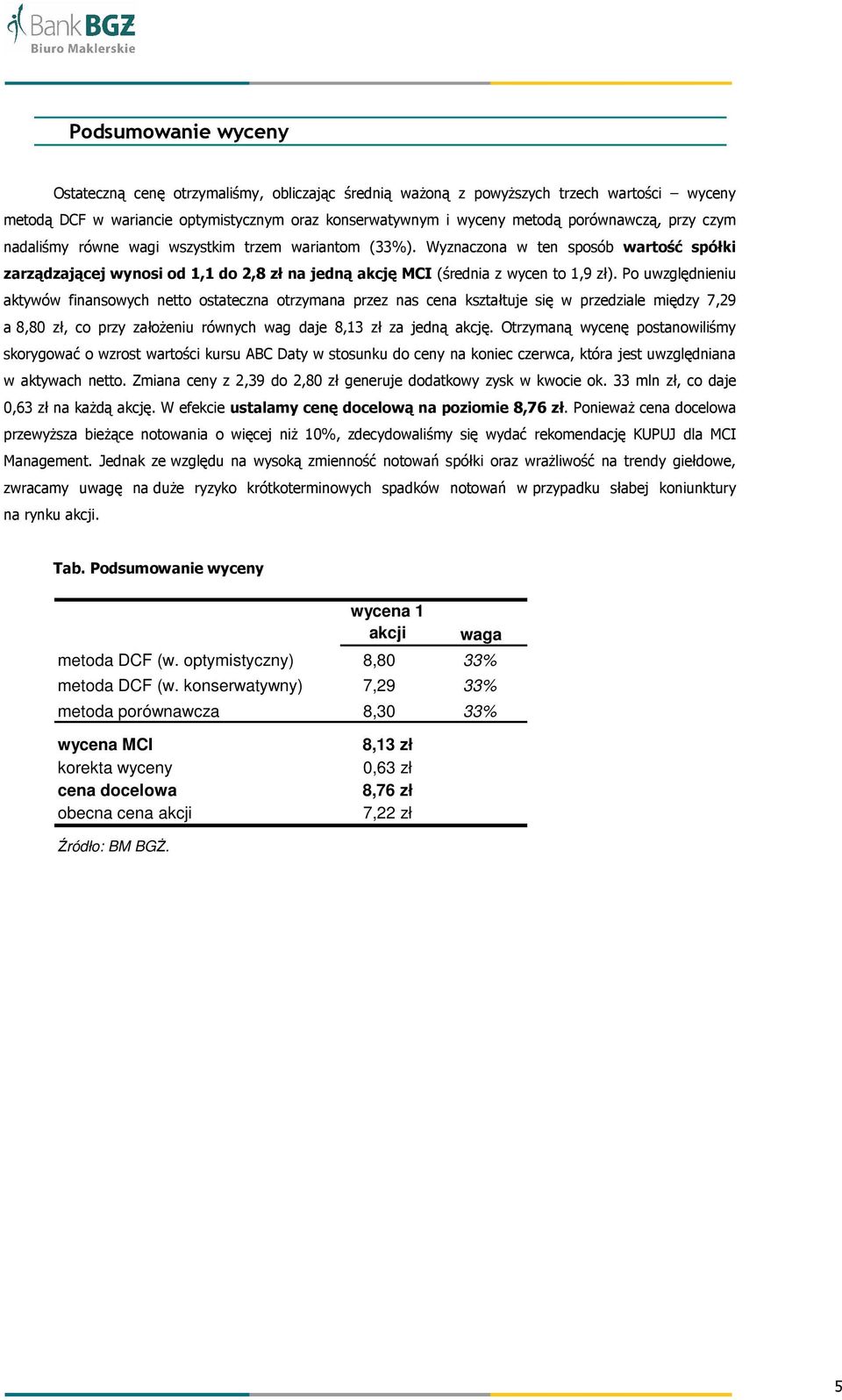 Po uwzględnieniu aktywów finansowych netto ostateczna otrzymana przez nas cena kształtuje się w przedziale między 7,29 a 8,80 zł, co przy załoŝeniu równych wag daje 8,13 zł za jedną akcję.