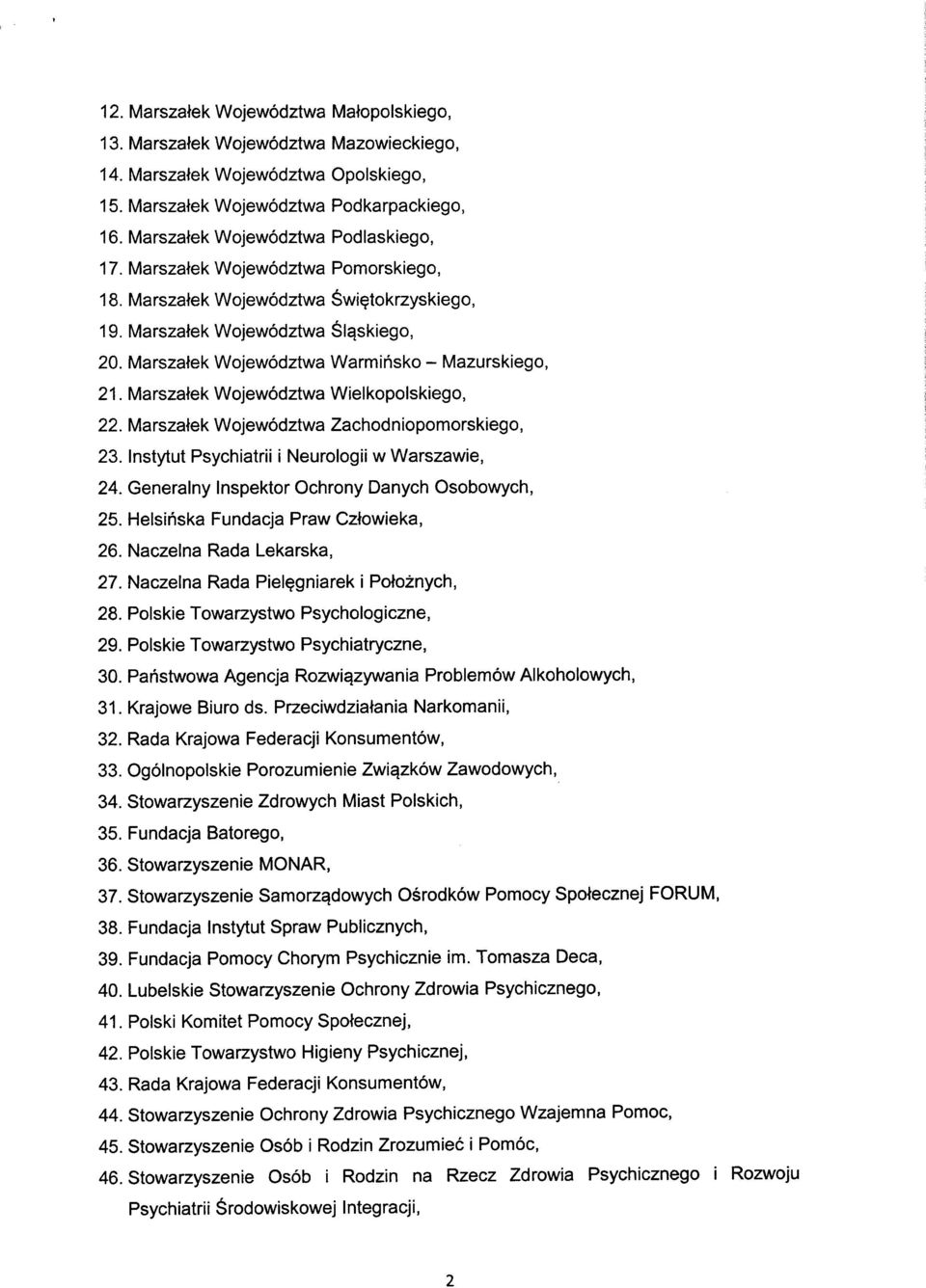 Marszatek Wojewodztwa Warmihsko - Mazursktego, 21. Marszatek Wojewodztwa Wielkopolskiego, 22. Marszatek Wojewodztwa Zachodniopomorsktego, 23. Instytut Psychiatrii i Neurotegii w Warszawie, 24.