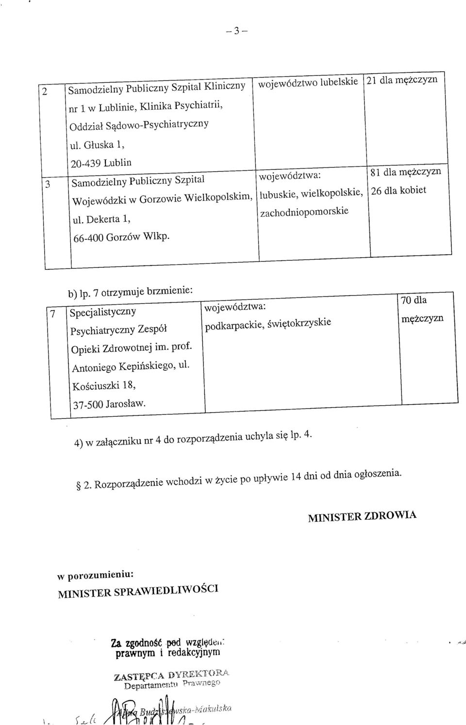 wojewodztwa: lubuskie, wielkopolskie, zachodniopomorskie 81 dla m^zczyzn 26 dla kobiet b) Ip. 7 otrzymuje brzmienie: 7 Specjalistyczny Psychiatryczny Zespol Opieki Zdrowotnej im. prof.