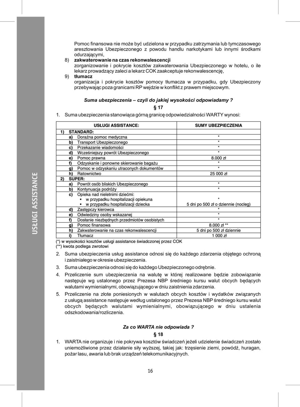 kosztów pomocy tłumacza w przypadku, gdy Ubezpieczony przebywając poza granicami RP wejdzie w konflikt z prawem miejscowym. Suma ubezpieczenia czyli do jakiej wysokości odpowiadamy? 17 1.