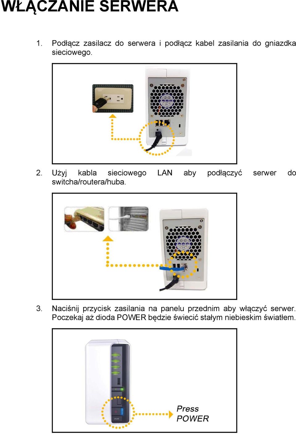 2. Użyj kabla sieciowego LAN aby podłączyć serwer do switcha/routera/huba. 3.